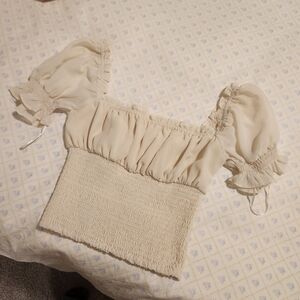 Smocked Waist Puff Sleeve Crop Top